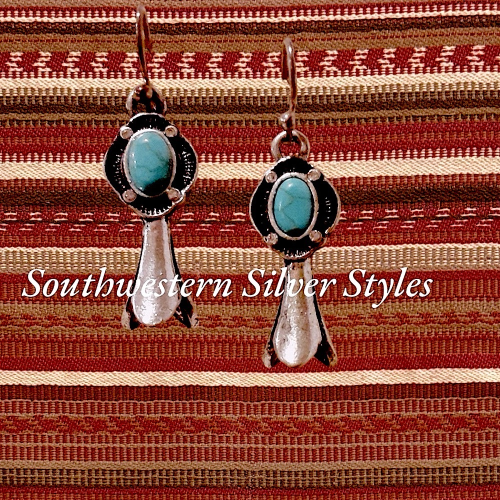 Vintage Turquoise Howlite Silver Plated Squash Blossom Style Earrings